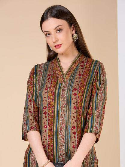 Ethnic Floral & Stripes Printed Embroidered Straight Fit Kurta - Multi