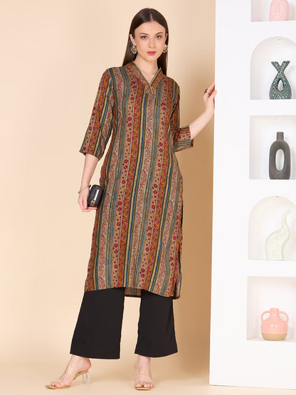 Ethnic Floral & Stripes Printed Embroidered Straight Fit Kurta - Multi