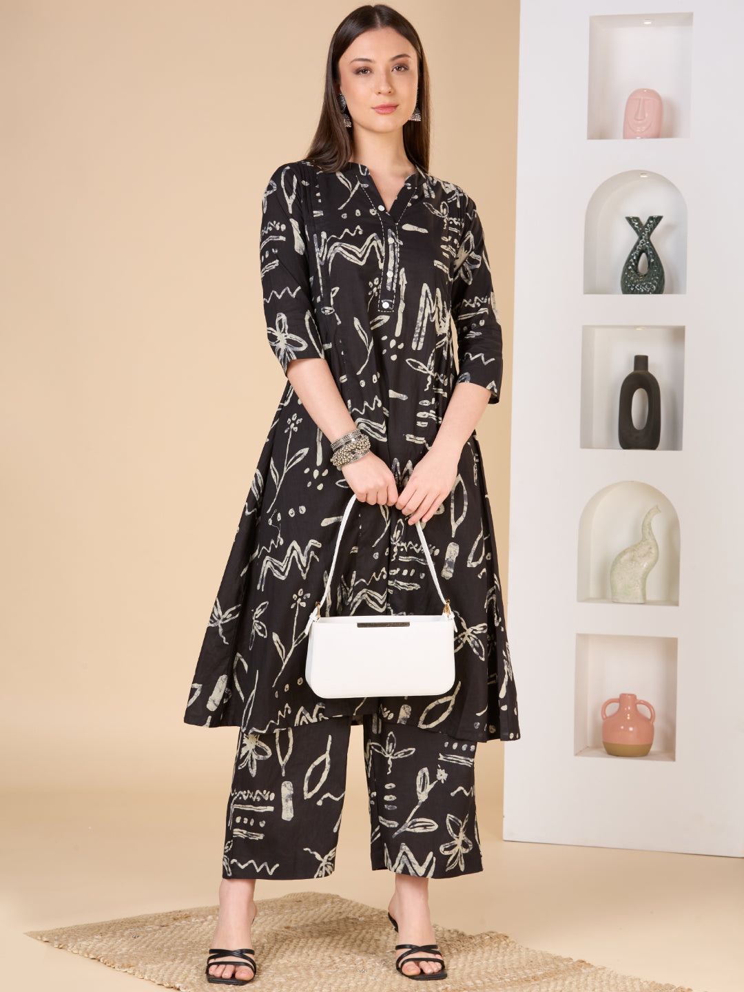 Abstract Printed A-Line Paneled Co-ord Set - Black