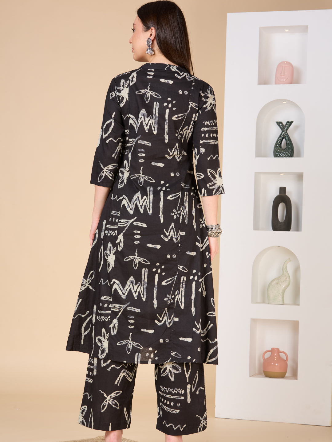 Abstract Printed A-Line Paneled Co-ord Set - Black