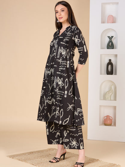Abstract Printed A-Line Paneled Co-ord Set - Black