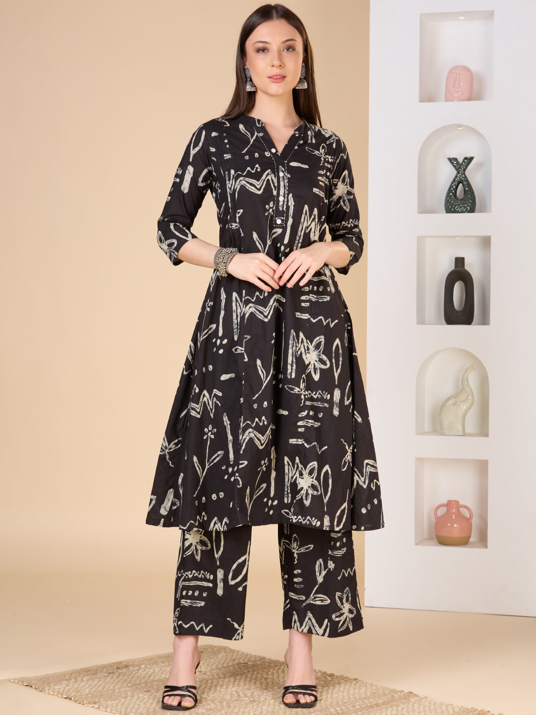 Abstract Printed A-Line Paneled Co-ord Set - Black