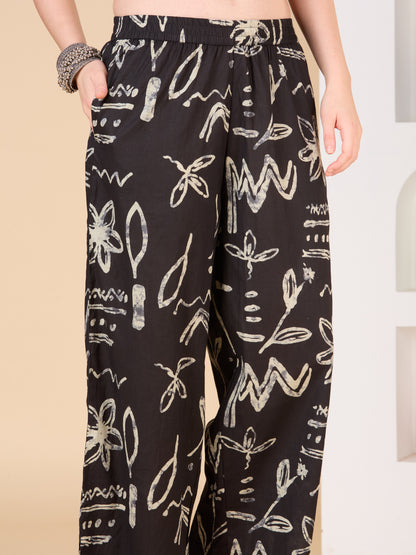 Abstract Printed A-Line Paneled Co-ord Set - Black