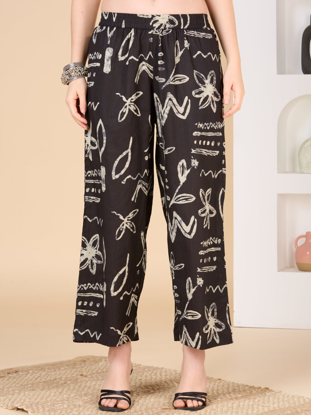 Abstract Printed A-Line Paneled Co-ord Set - Black