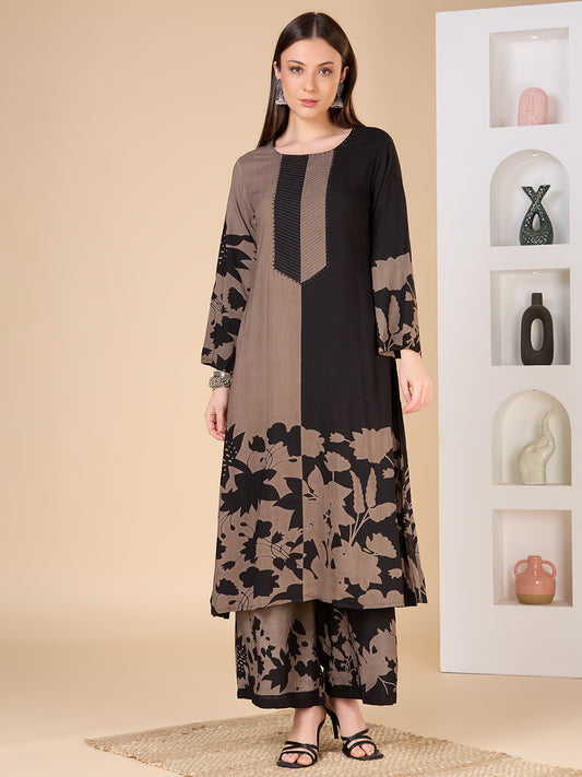 Abstract Floral Printed A-Line Flared Co-ord Set - Black