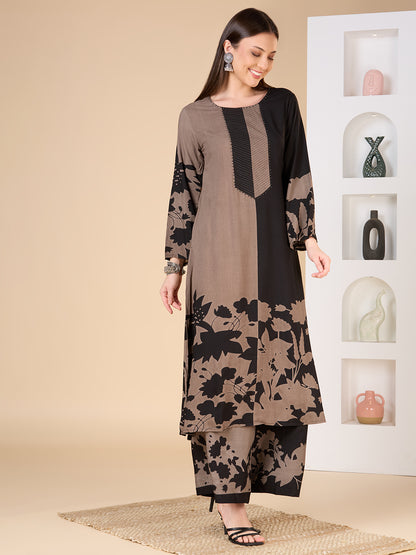 Abstract Floral Printed A-Line Flared Co-ord Set - Black