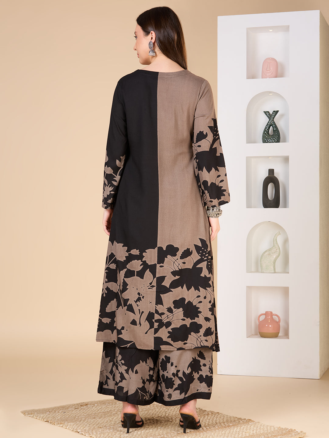 Abstract Floral Printed A-Line Flared Co-ord Set - Black