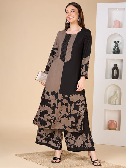 Abstract Floral Printed A-Line Flared Co-ord Set - Black