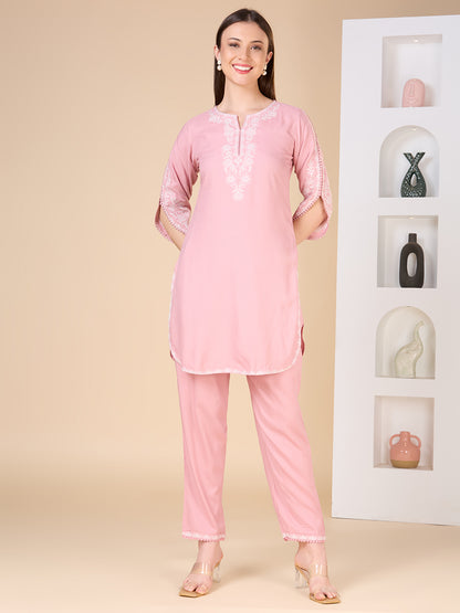 Solid Ethnic Embroidered Straight Fit Co-ord Set - Pink