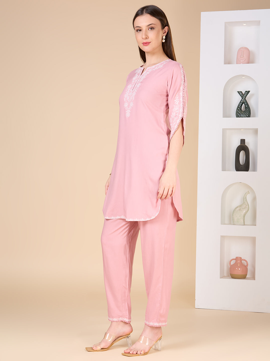Solid Ethnic Embroidered Straight Fit Co-ord Set - Pink