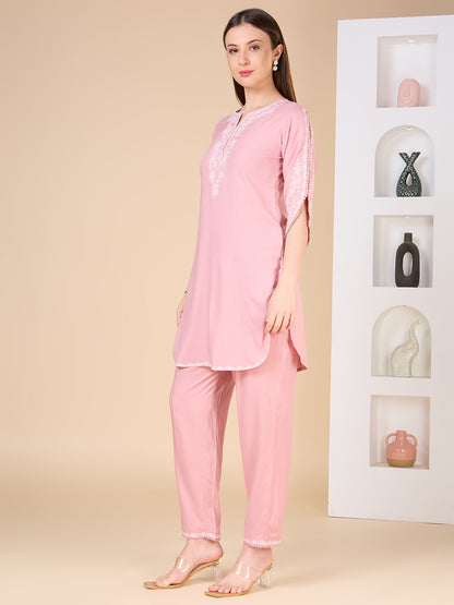 Solid Ethnic Embroidered Straight Fit Co-ord Set - Pink