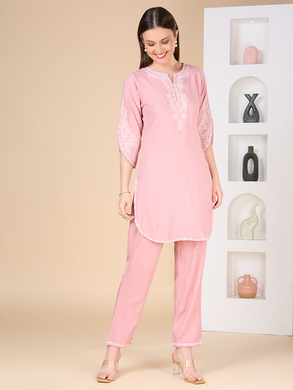 Solid Ethnic Embroidered Straight Fit Co-ord Set - Pink