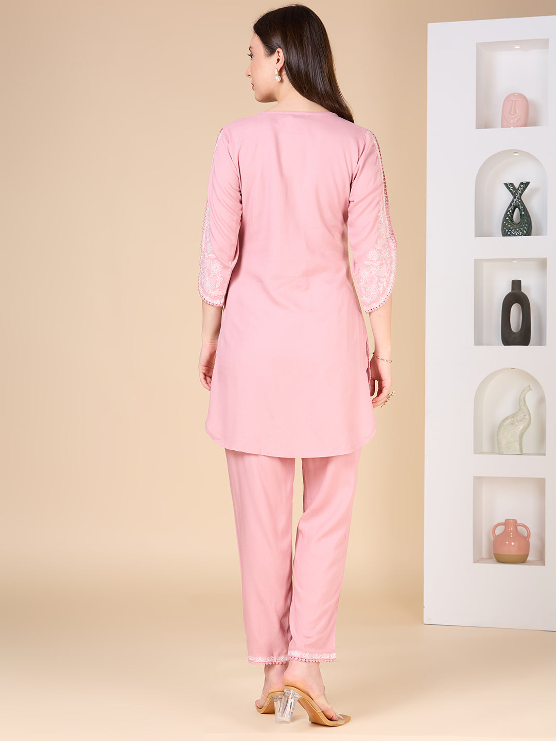 Solid Ethnic Embroidered Straight Fit Co-ord Set - Pink