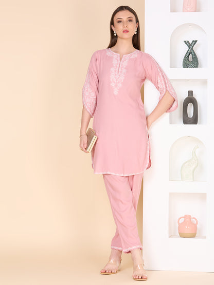 Solid Ethnic Embroidered Straight Fit Co-ord Set - Pink