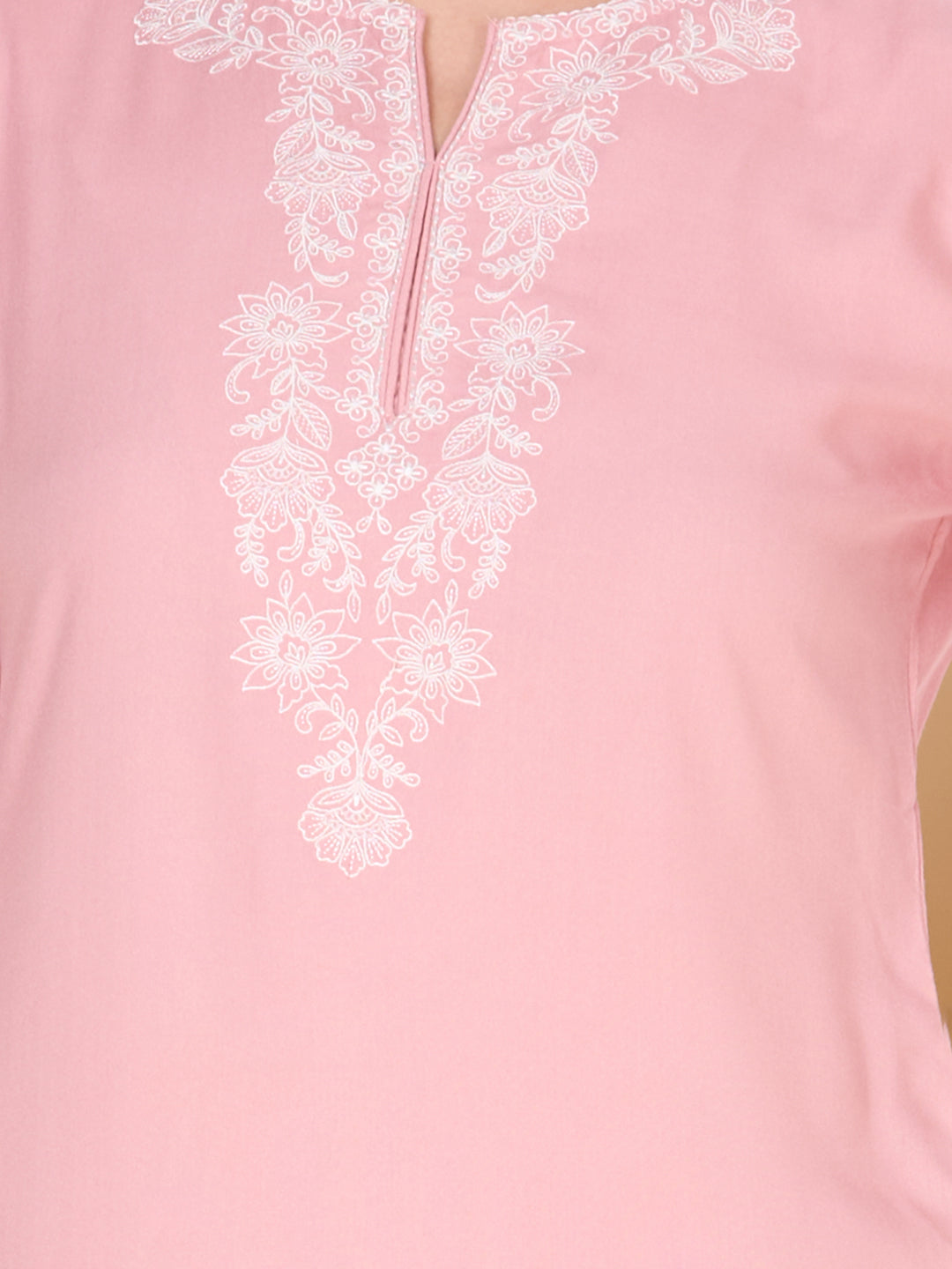 Solid Ethnic Embroidered Straight Fit Co-ord Set - Pink