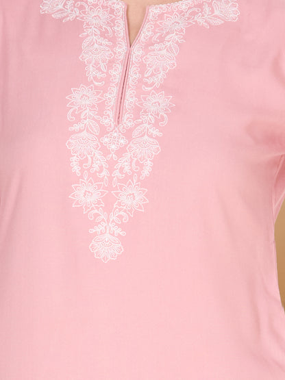 Solid Ethnic Embroidered Straight Fit Co-ord Set - Pink