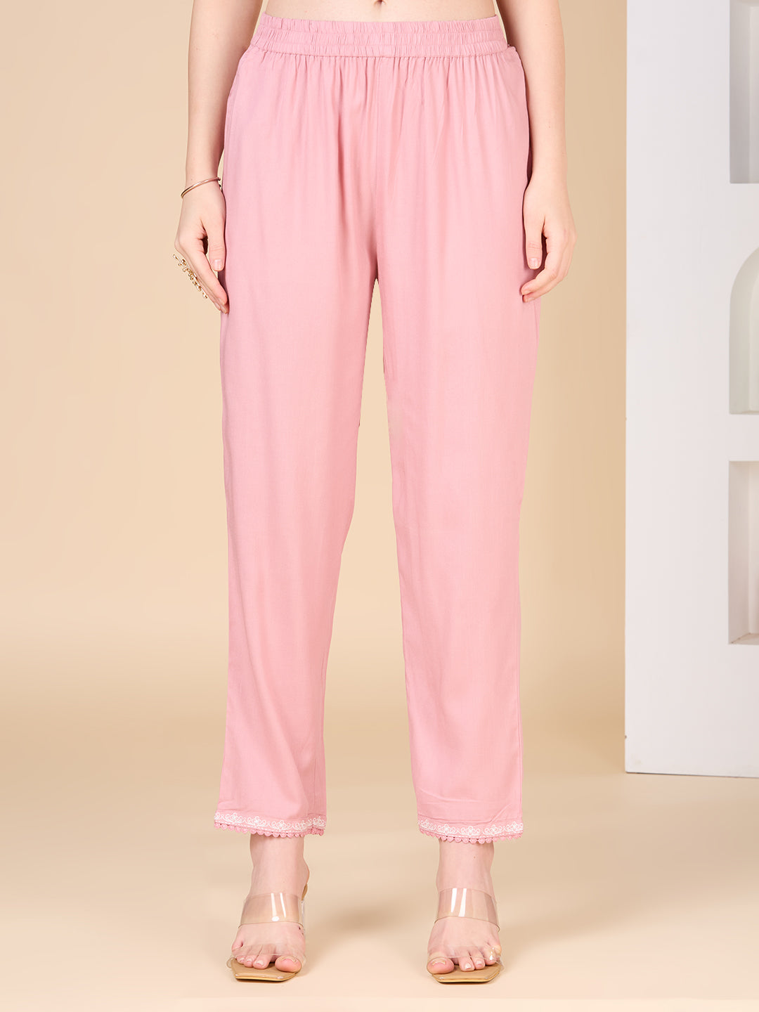 Solid Ethnic Embroidered Straight Fit Co-ord Set - Pink