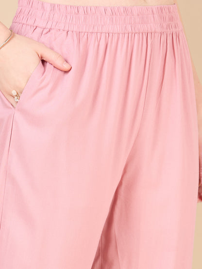 Solid Ethnic Embroidered Straight Fit Co-ord Set - Pink