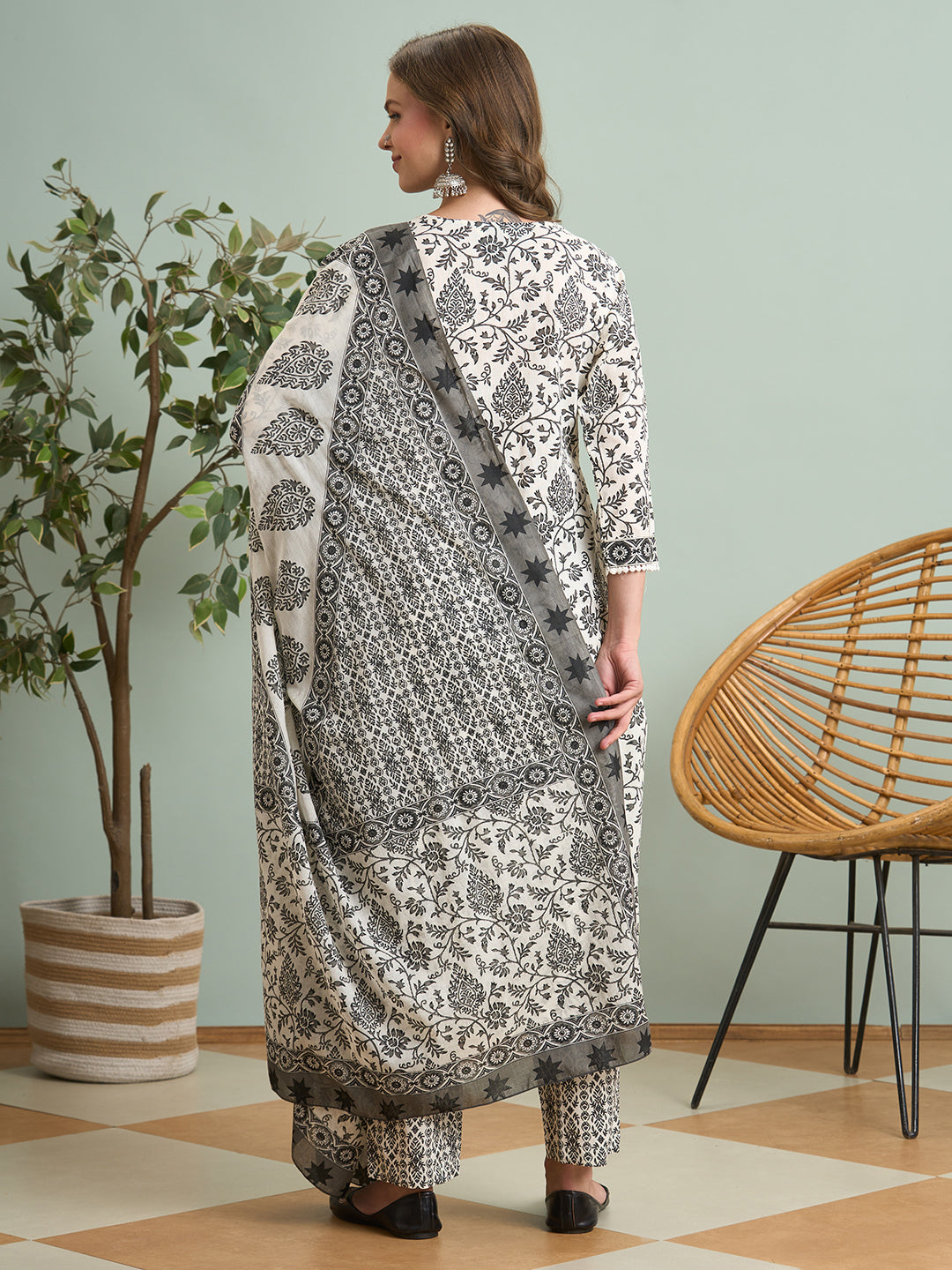 Ethnic Floral Printed & Embroidered Straight Kurta with Pant & Dupatta - White