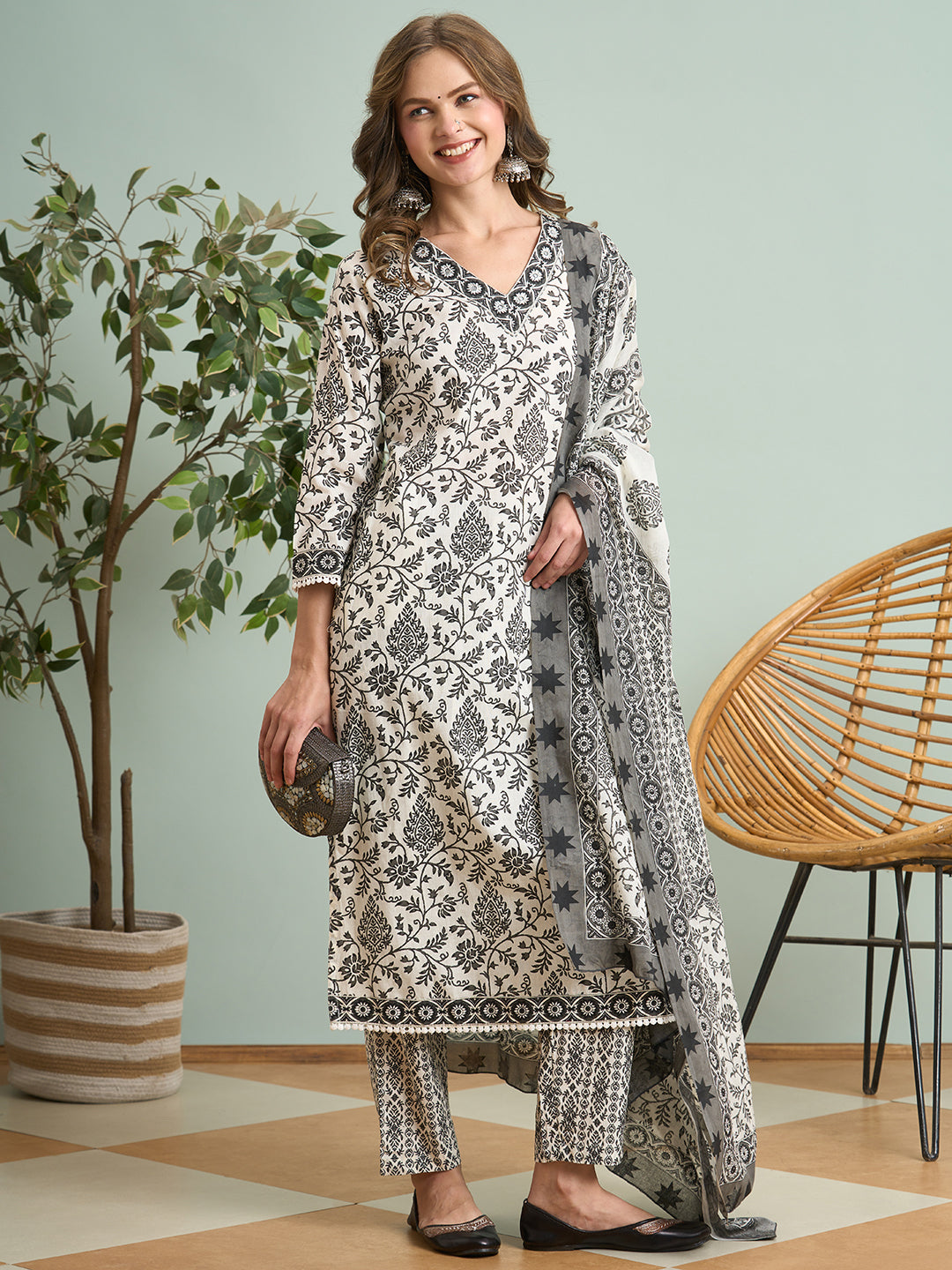 Ethnic Floral Printed & Embroidered Straight Kurta with Pant & Dupatta - White