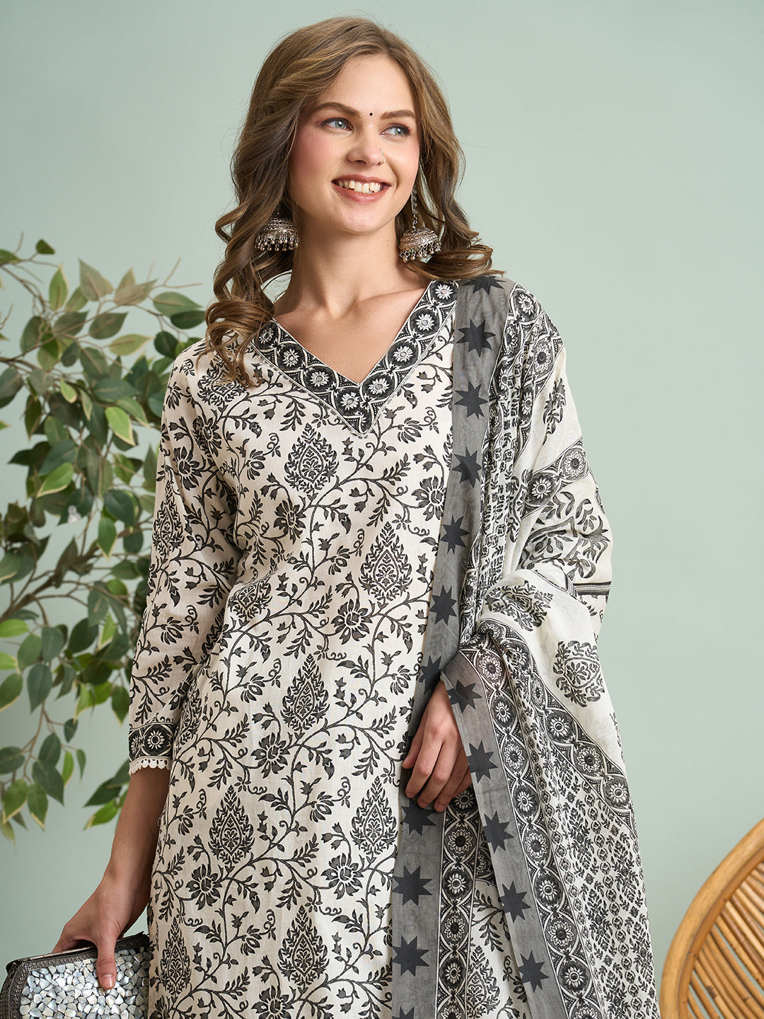 Ethnic Floral Printed & Embroidered Straight Kurta with Pant & Dupatta - White
