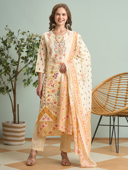 Ethnic Floral Printed Straight Fit Kurta with Pant and Dupatta - Cream