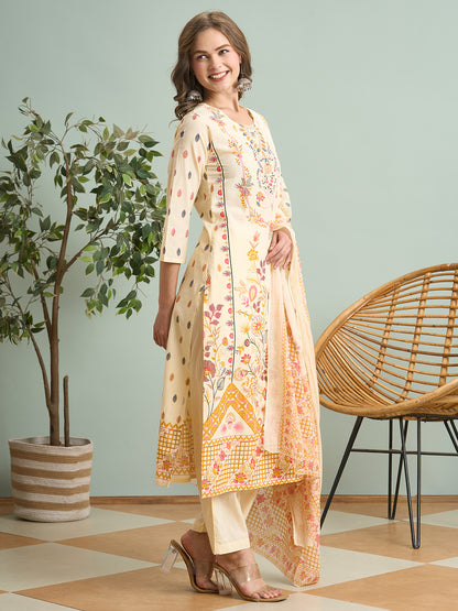 Ethnic Floral Printed Straight Fit Kurta with Pant and Dupatta - Cream