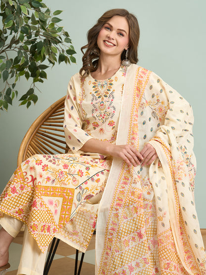 Ethnic Floral Printed Straight Fit Kurta with Pant and Dupatta - Cream