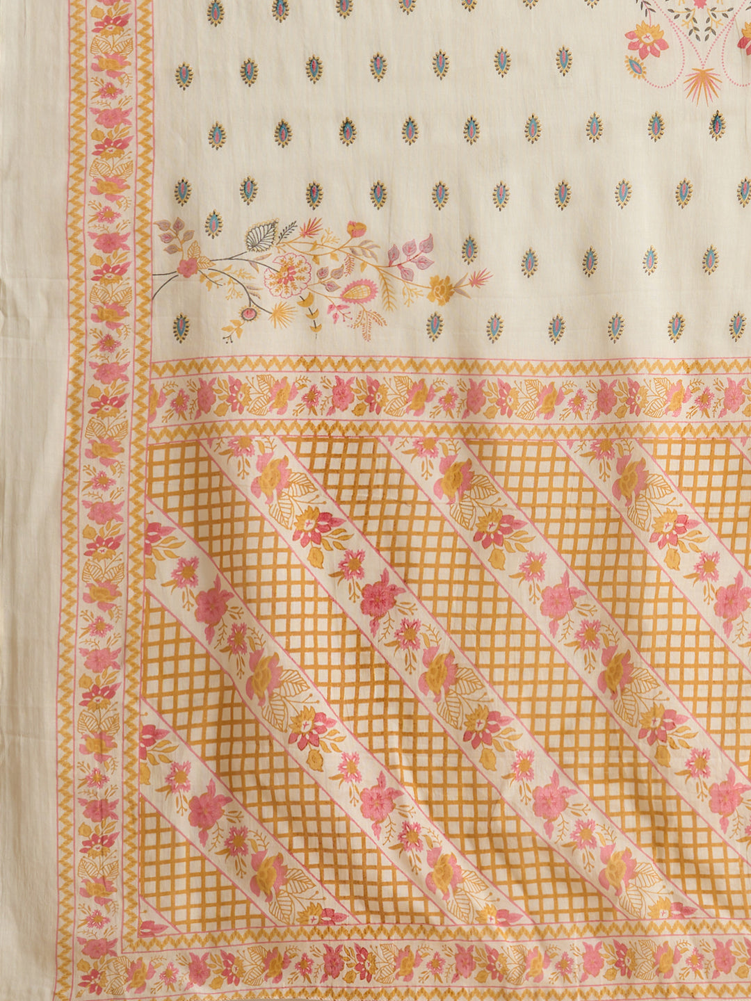 Ethnic Floral Printed Straight Fit Kurta with Pant and Dupatta - Cream