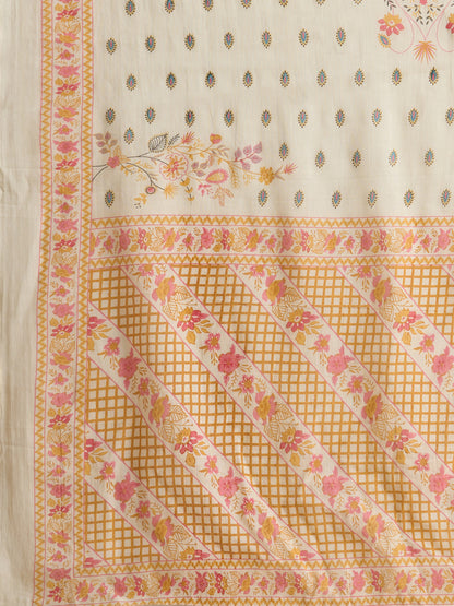 Ethnic Floral Printed Straight Fit Kurta with Pant and Dupatta - Cream