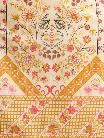 Ethnic Floral Printed Straight Fit Kurta with Pant and Dupatta - Cream