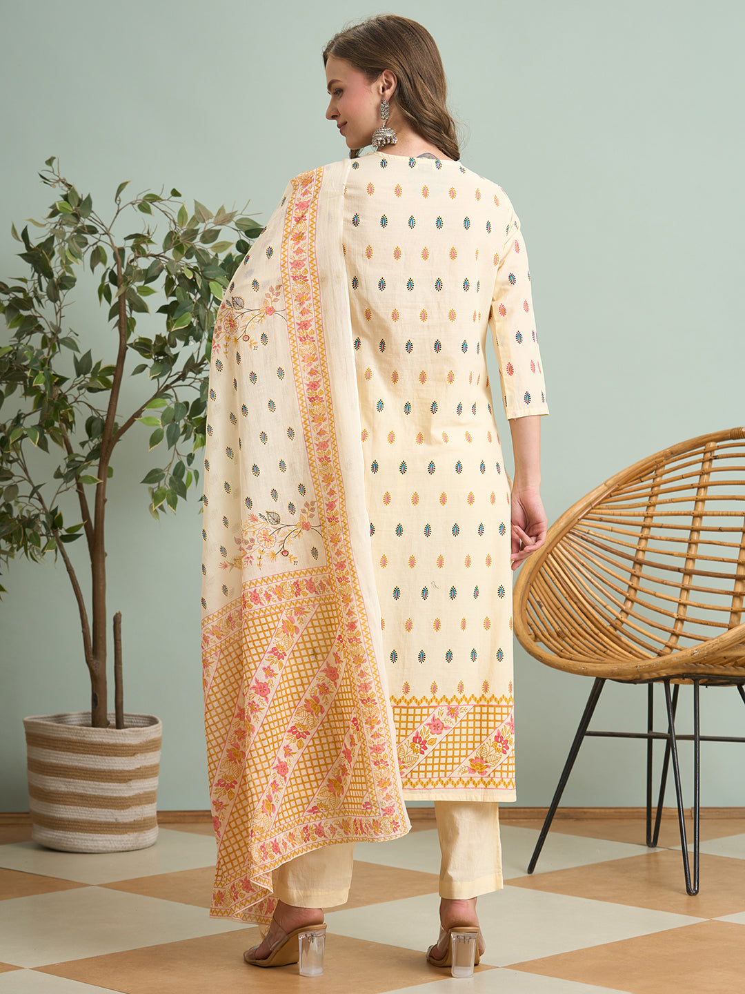 Ethnic Floral Printed Straight Fit Kurta with Pant and Dupatta - Cream