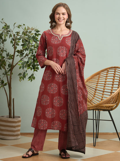 Ethnic Ajrakh Printed Embroidered Straight Fit Kurta with Pant and Dupatta - Red