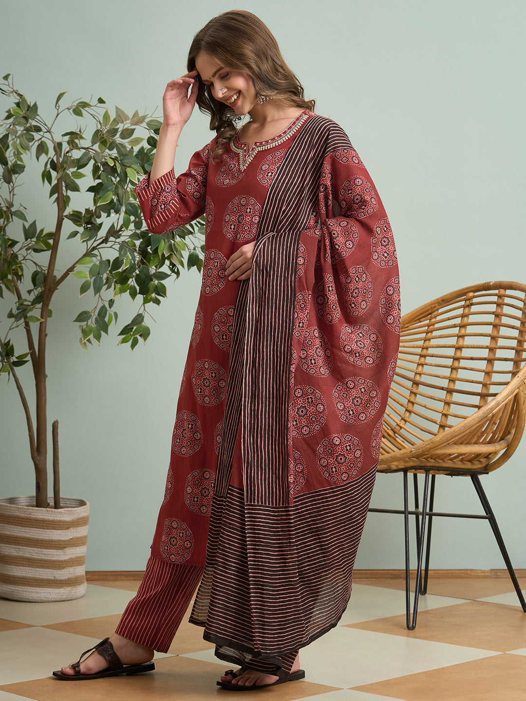 Ethnic Ajrakh Printed Embroidered Straight Fit Kurta with Pant and Dupatta - Red