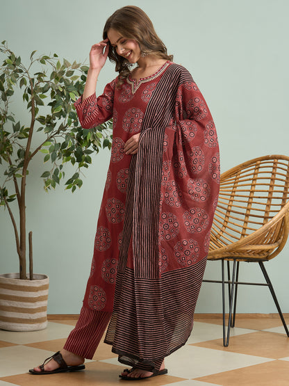 Ethnic Ajrakh Printed Embroidered Straight Fit Kurta with Pant and Dupatta - Red