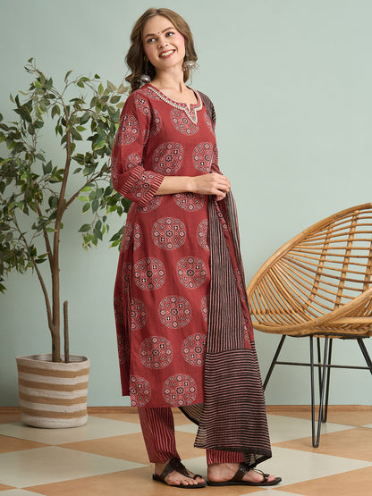 Ethnic Ajrakh Printed Embroidered Straight Fit Kurta with Pant and Dupatta - Red