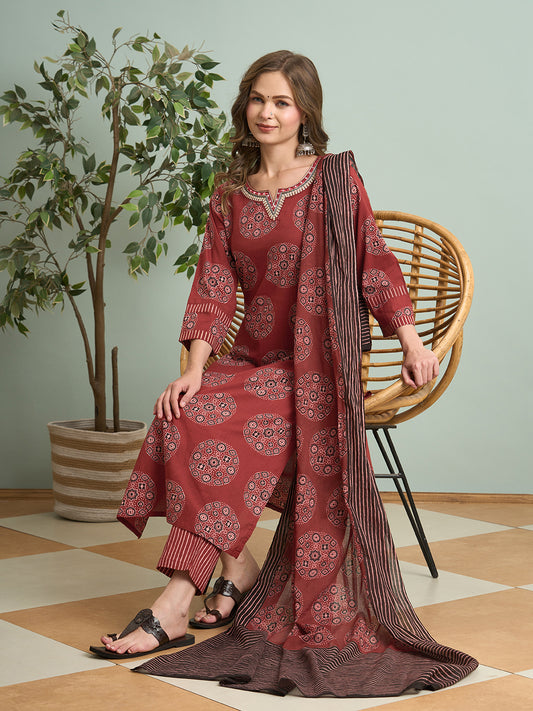 Ethnic Ajrakh Printed Embroidered Straight Fit Kurta with Pant and Dupatta - Red