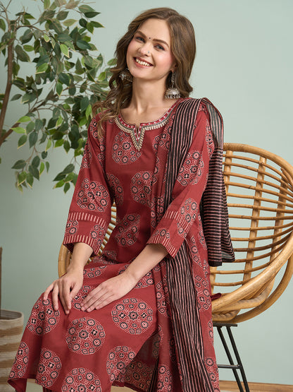 Ethnic Ajrakh Printed Embroidered Straight Fit Kurta with Pant and Dupatta - Red