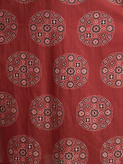 Ethnic Ajrakh Printed Embroidered Straight Fit Kurta with Pant and Dupatta - Red