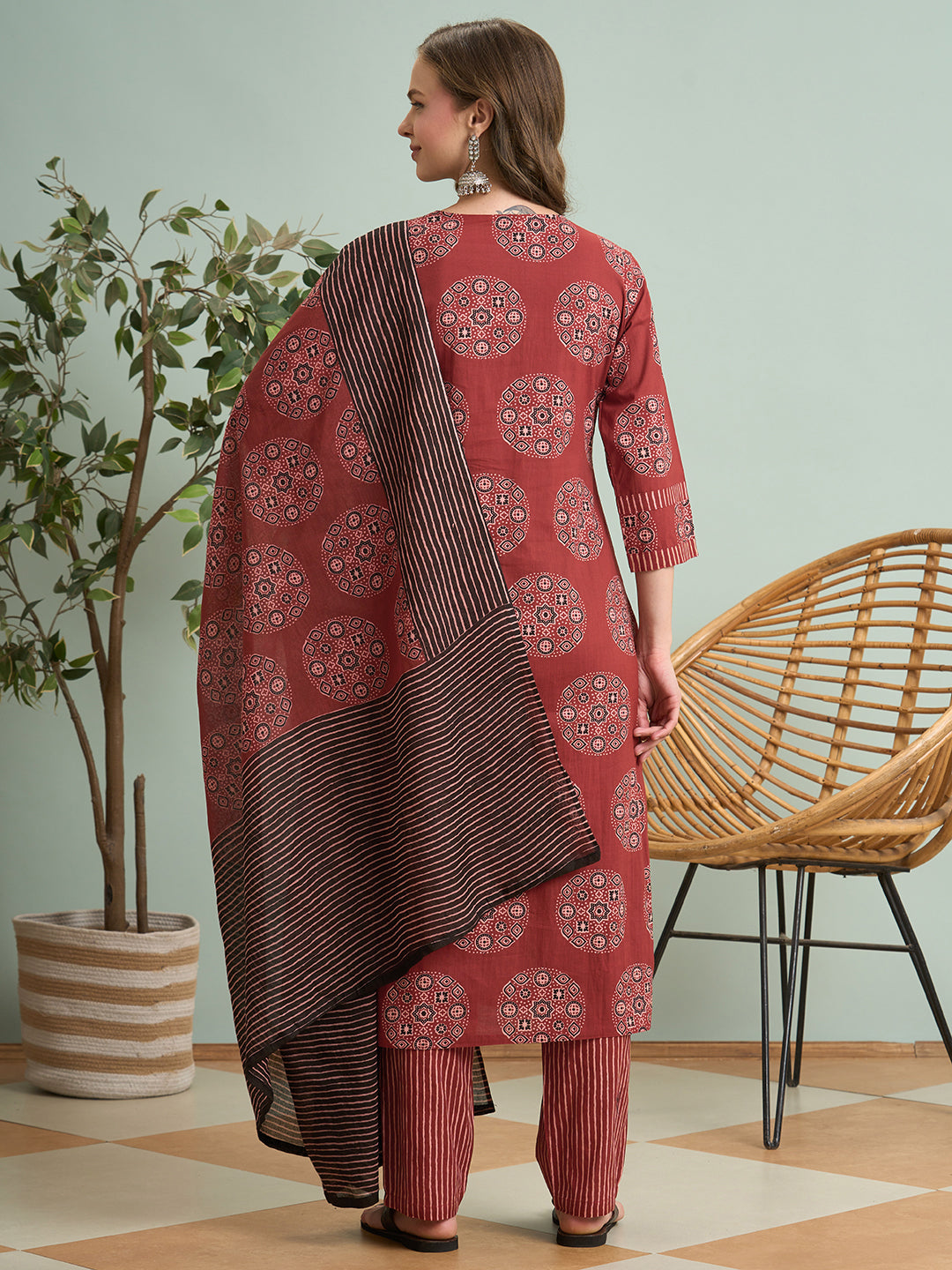 Ethnic Ajrakh Printed Embroidered Straight Fit Kurta with Pant and Dupatta - Red