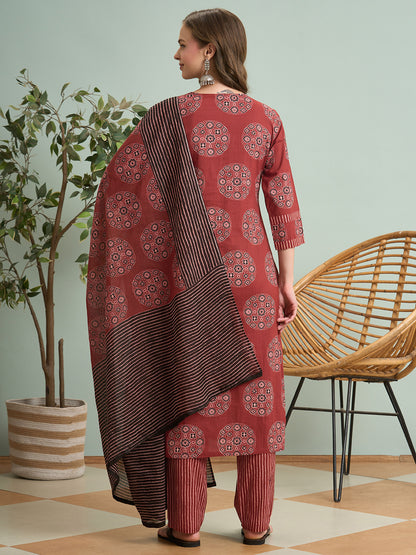 Ethnic Ajrakh Printed Embroidered Straight Fit Kurta with Pant and Dupatta - Red