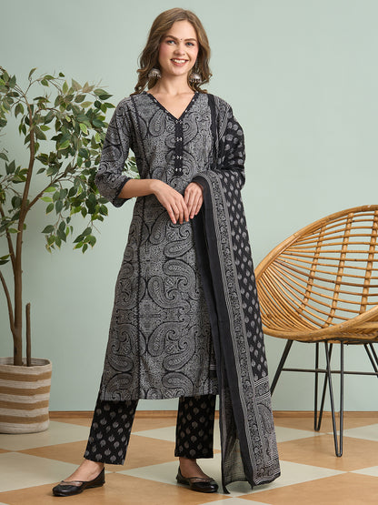 Ethnic Floral Printed Embroidered Straight Fit Kurta with Pant and Dupatta - Black