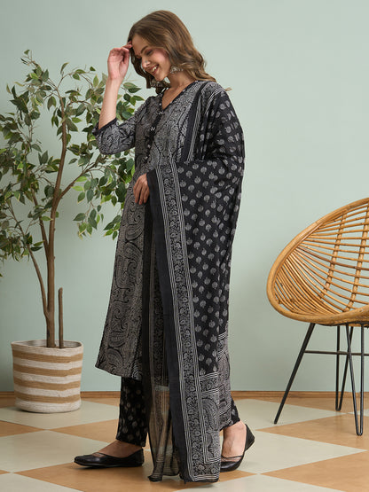 Ethnic Floral Printed Embroidered Straight Fit Kurta with Pant and Dupatta - Black