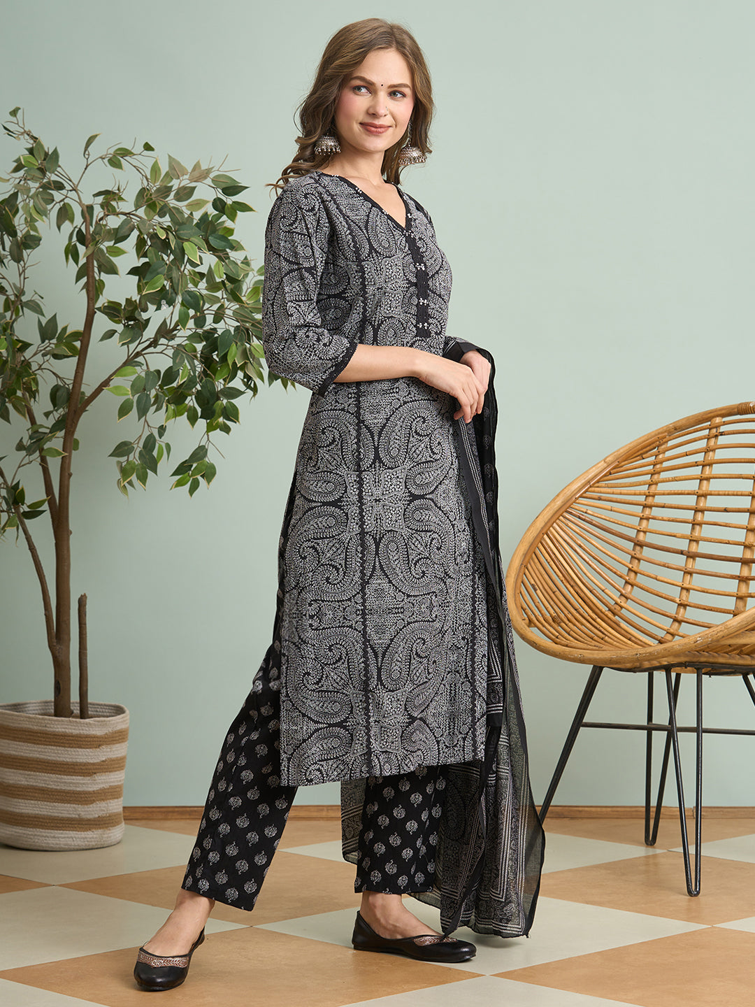Ethnic Floral Printed Embroidered Straight Fit Kurta with Pant and Dupatta - Black
