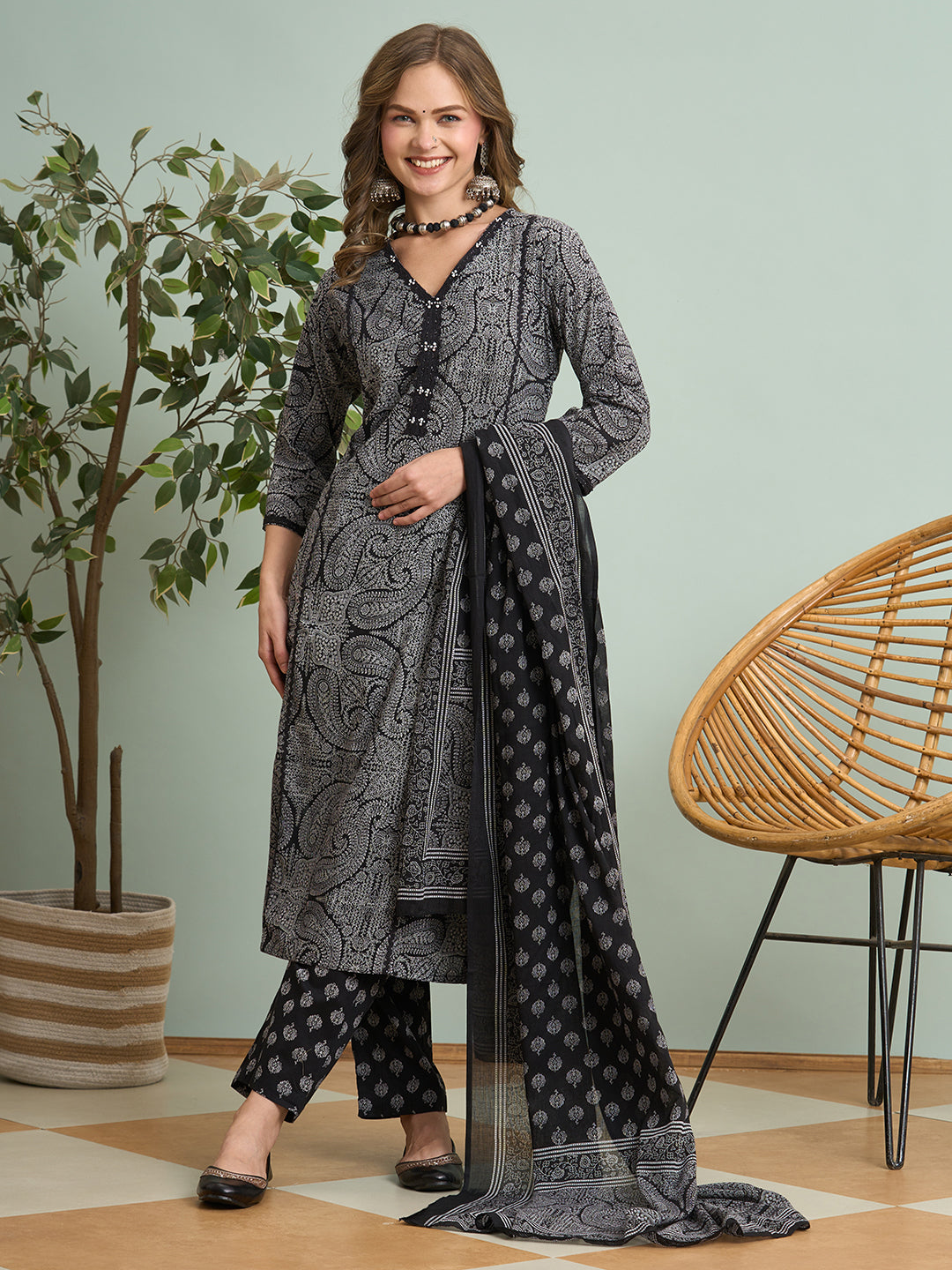 Ethnic Floral Printed Embroidered Straight Fit Kurta with Pant and Dupatta - Black