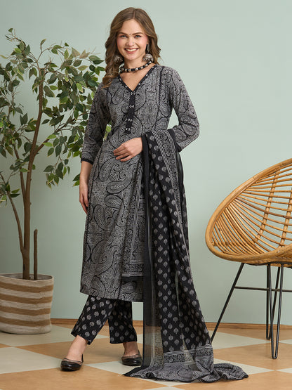 Ethnic Floral Printed Embroidered Straight Fit Kurta with Pant and Dupatta - Black