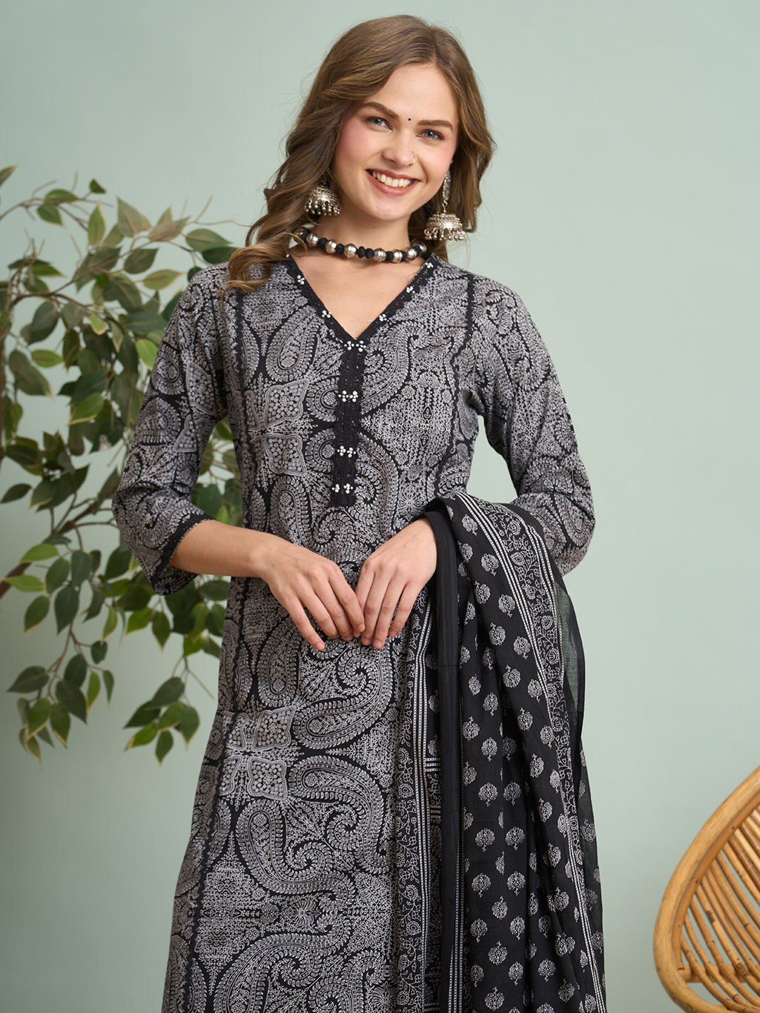 Ethnic Floral Printed Embroidered Straight Fit Kurta with Pant and Dupatta - Black