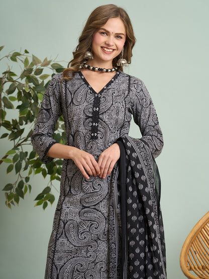 Ethnic Floral Printed Embroidered Straight Fit Kurta with Pant and Dupatta - Black
