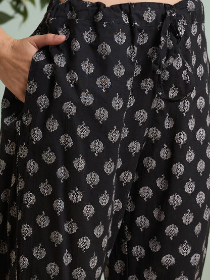 Ethnic Floral Printed Embroidered Straight Fit Kurta with Pant and Dupatta - Black