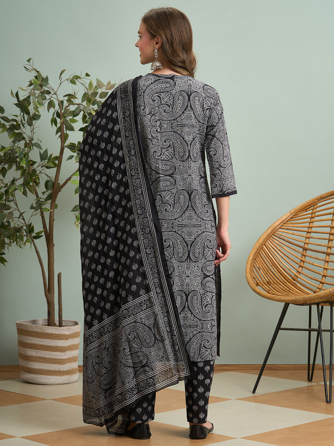 Ethnic Floral Printed Embroidered Straight Fit Kurta with Pant and Dupatta - Black